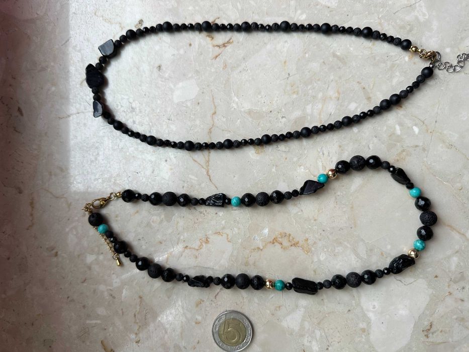 Naszyjniki onyx, turmalin, lawa, turkus, złoto 585 + kamienie 44-49 cm