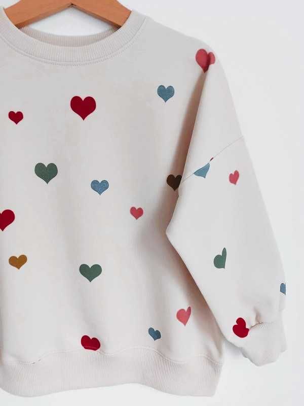 Nowa, beżowa bluza w kolorowe serduszka oversize, handmade, 110