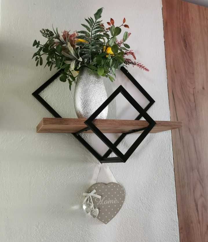 Loftowa półka na kwiaty kwietnik ścienna drewno i metal czarny