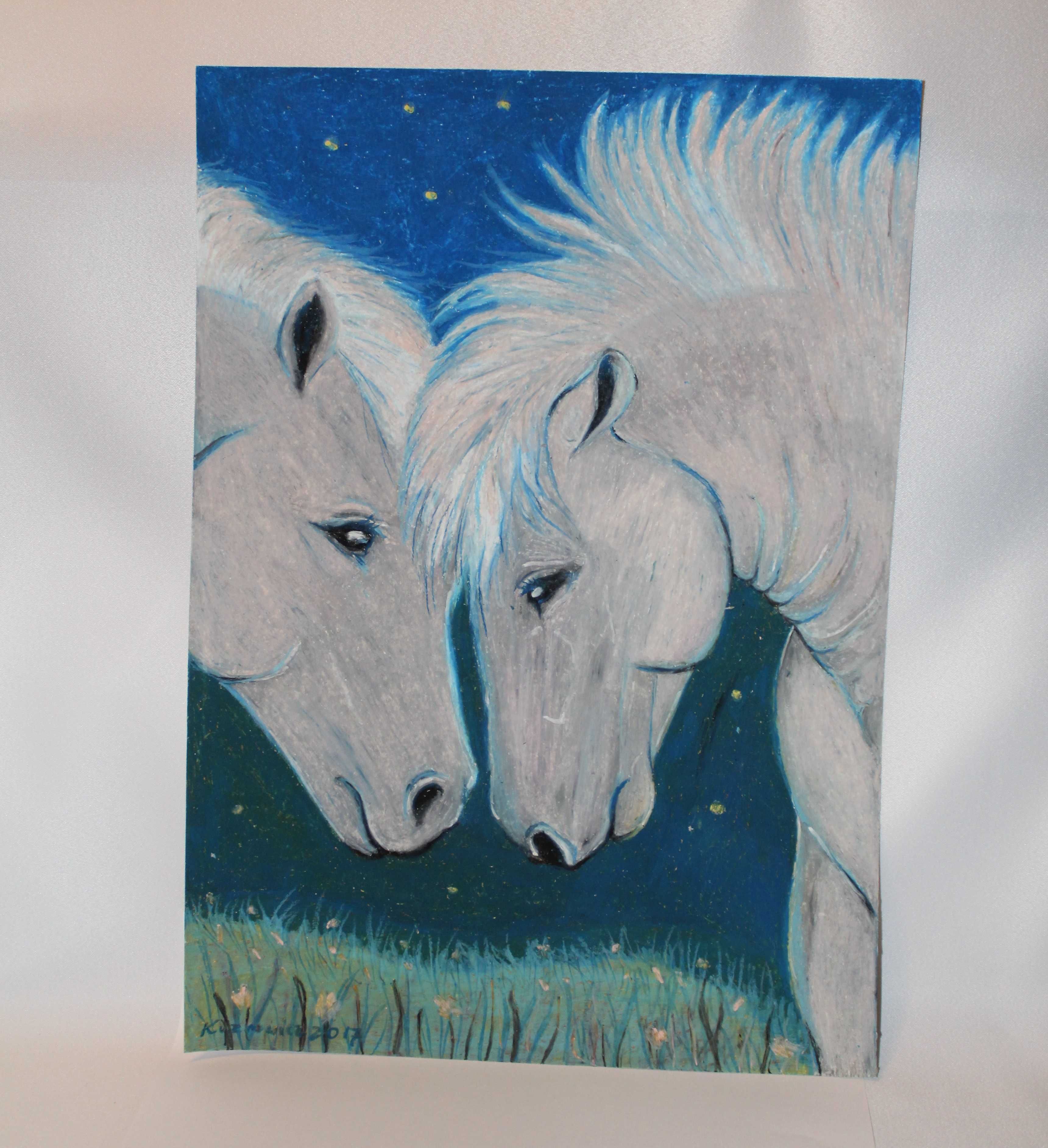obraz dwa zakochane konie nocą pastele olejne HANDMADE