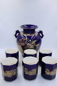 Kobaltowy niebieski wazon z bażantem + czarki ceramika Japonia b042212
