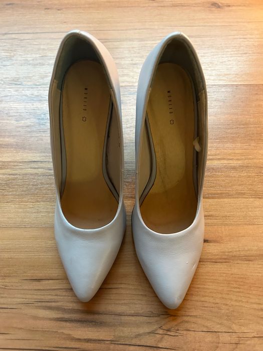 Mohito skórzane buty na obcasie czółenka szare błękitne R.36