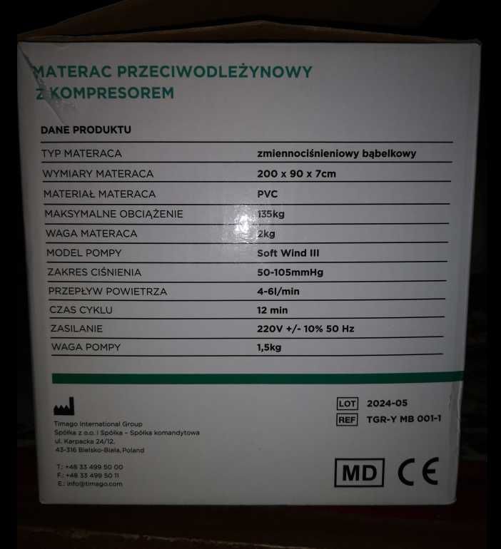 Materac przeciwodleżynowy nowy z kompresorem TIMAGO