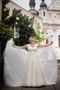 suknia ślubna ivory kremowa rozkloszowana tiulowa sukienka koronkowa