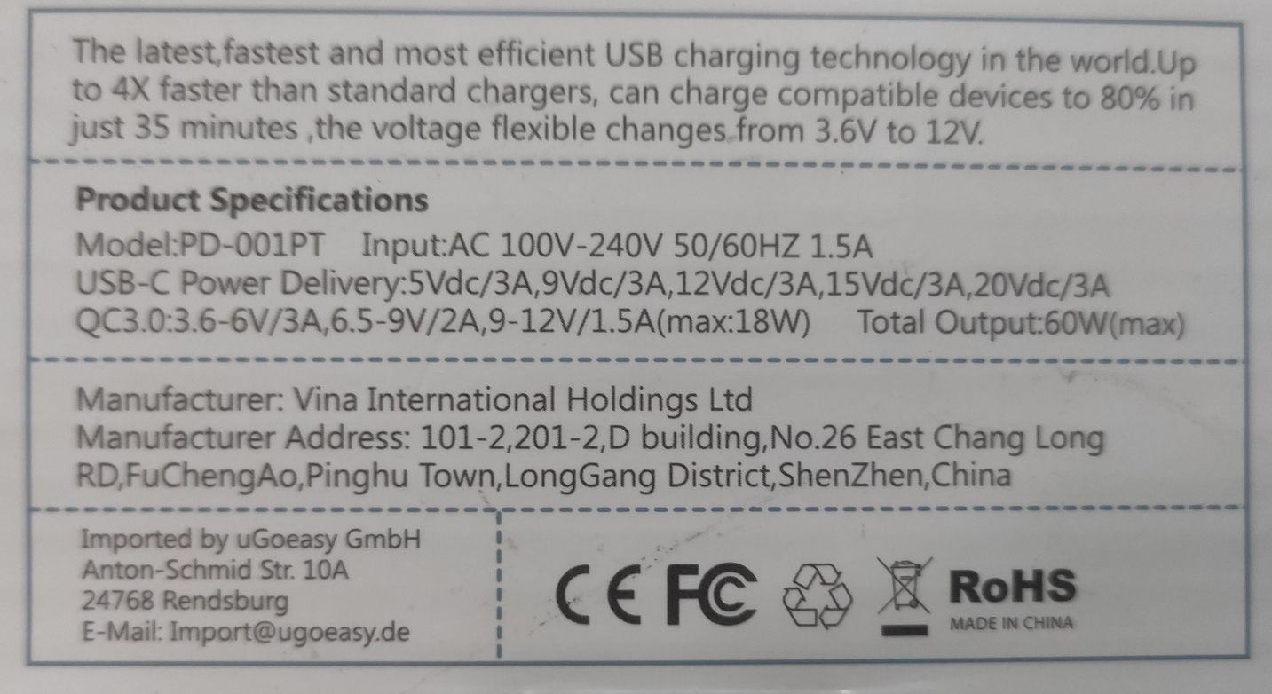 Novo! Cargador USB-C de 60 W