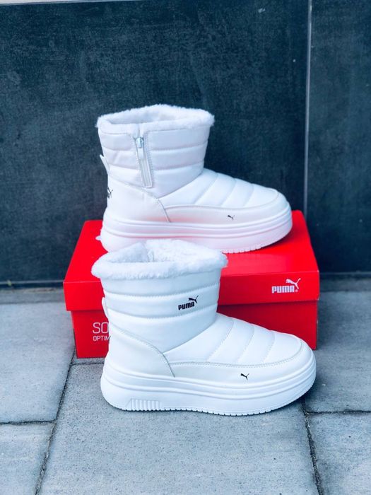 Снежно - белые кожаные дутики Пума на молнии / дутиши Пума / Сапоги