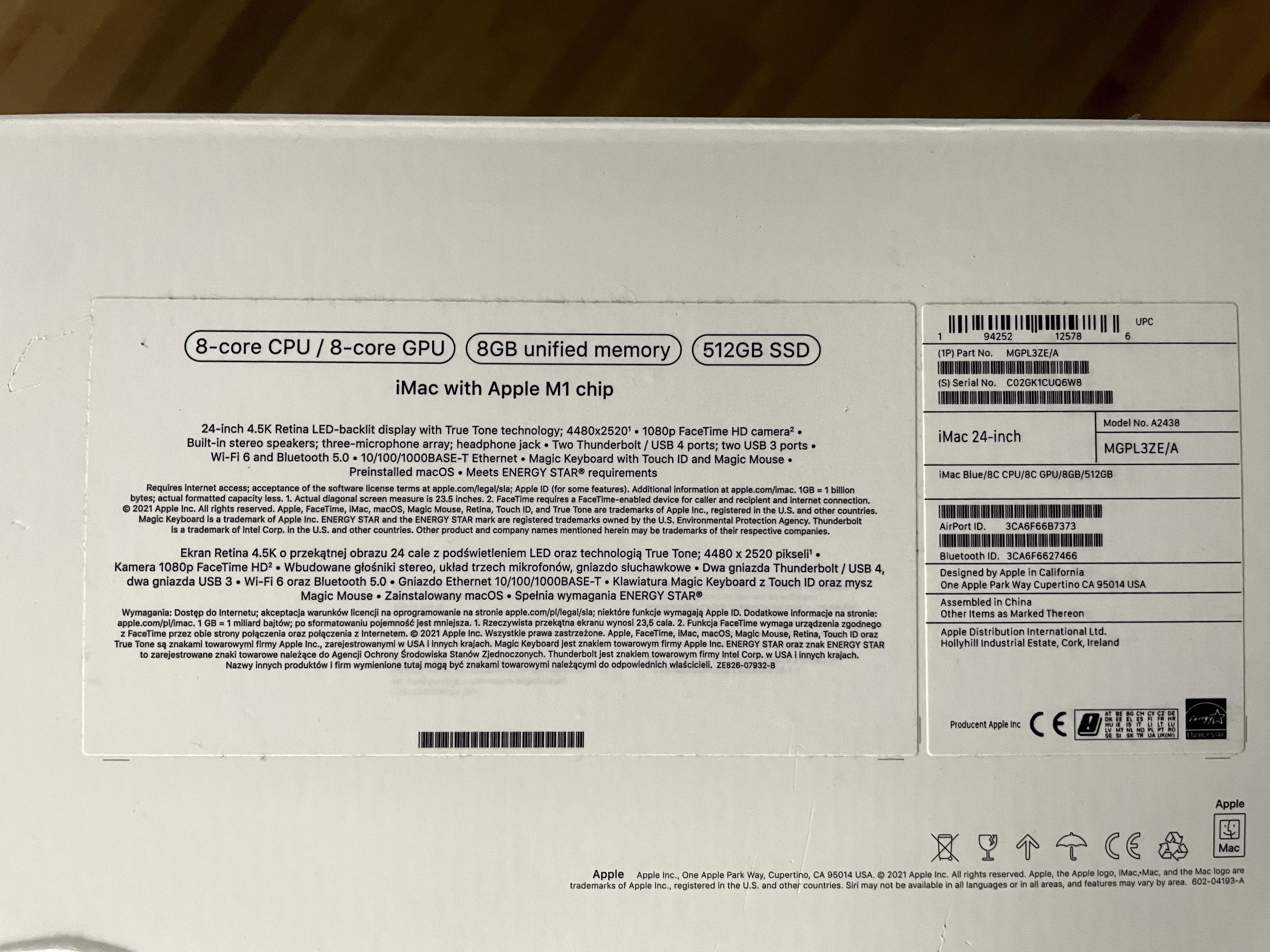Apple iMac 24 m1 8GB/512GB 8GPU 8CPU Ethernet klawiatura z Touch ID