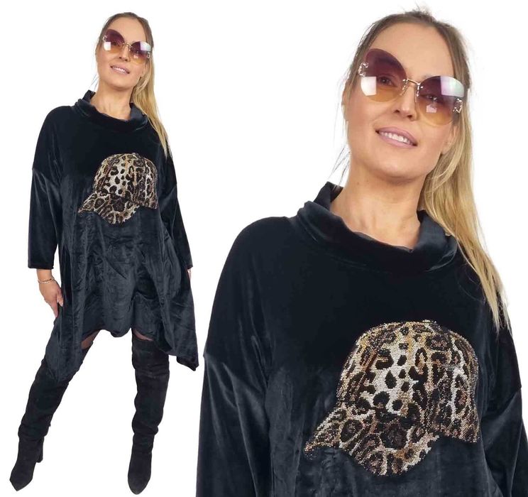 Tunika damska Welurowa czarna sukienka elegancka PLUS SIZE asymetrycz