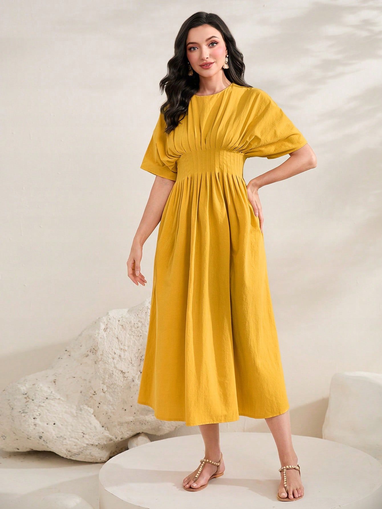 Sukienka Rozkloszowana Marszczona Midi Bawełniana Żółta Casual Shein S