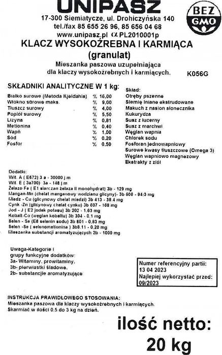 Pasza karma dla KLACZY KARMIĄCYCH I ŹREBNYCH granulat 20kg UNIPASZ