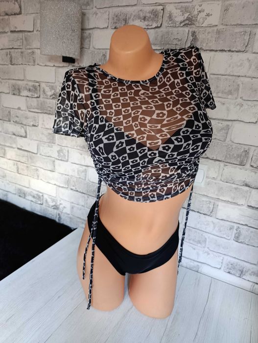 prześwitujący bluzka sexy crop top krótki koszulka kąpielowa XXS-S
