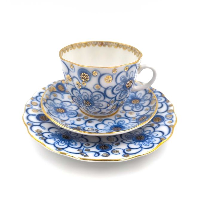 Łomonosow Trio Filiżanka Podstawek Spodek Talerzyk Porcelana Kobalt
