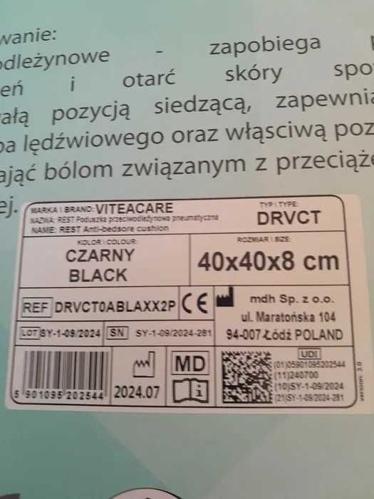 Poduszka przeciwodleżynowa pneumatyczna Vitea Care Rest 40x40x8cm Nowa
