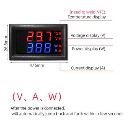 Цифровий вольтамперметр DC 0-100V 10A + Ваттметр + Температура