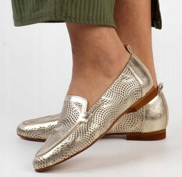 38 Deoni złote ażurowe skórzane baleriny