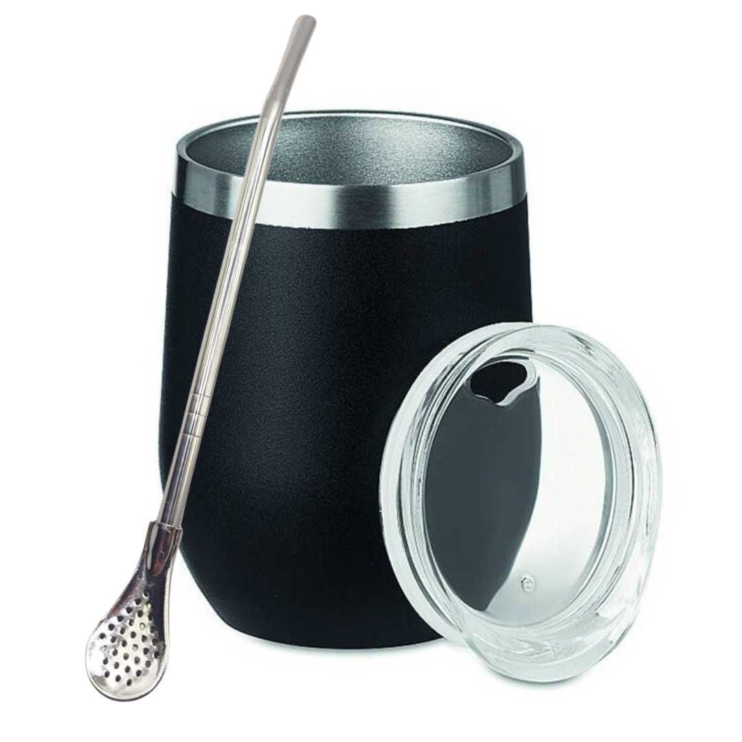 Zestaw Yerba Mate Matero TermoLid - Czarne 350ml z pokrywką + Bombilla