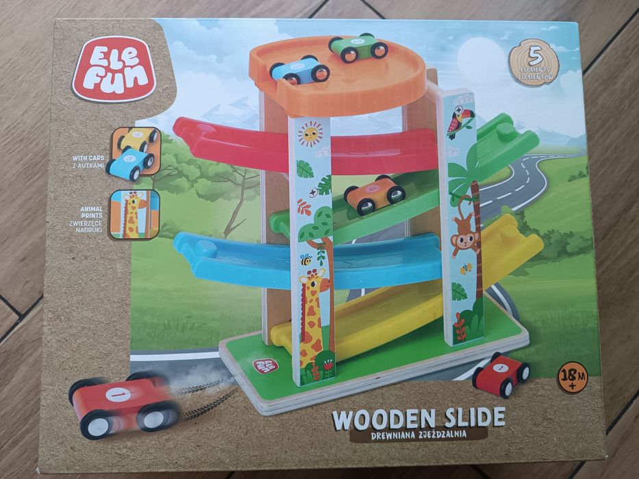 Zabawki Na DZIEŃ DZIECKA drewniana zjeżdżalnia z  autkami NOWA ZABAWKA