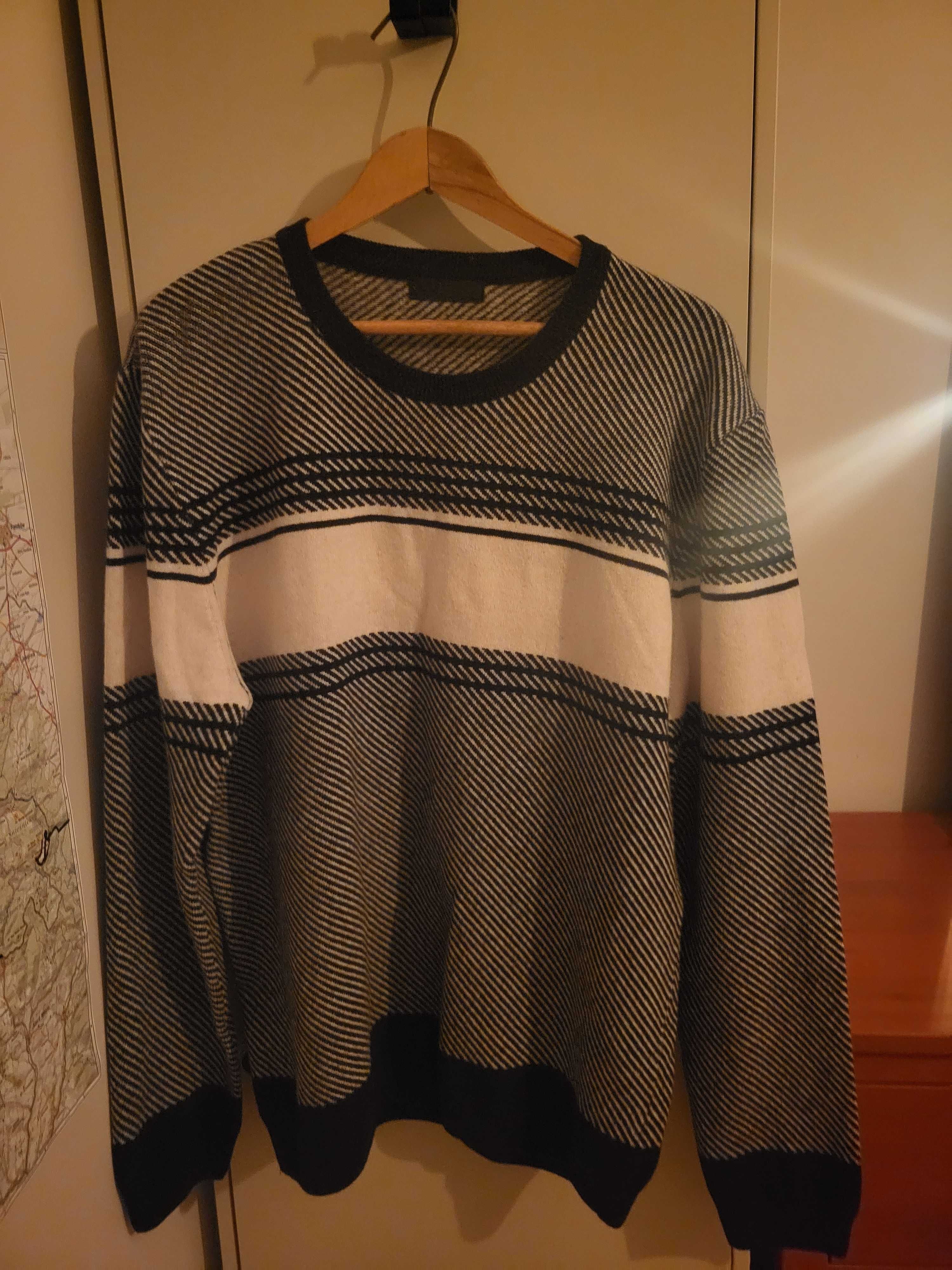 sweter meski asos granatowo-bialy paski welniany XL