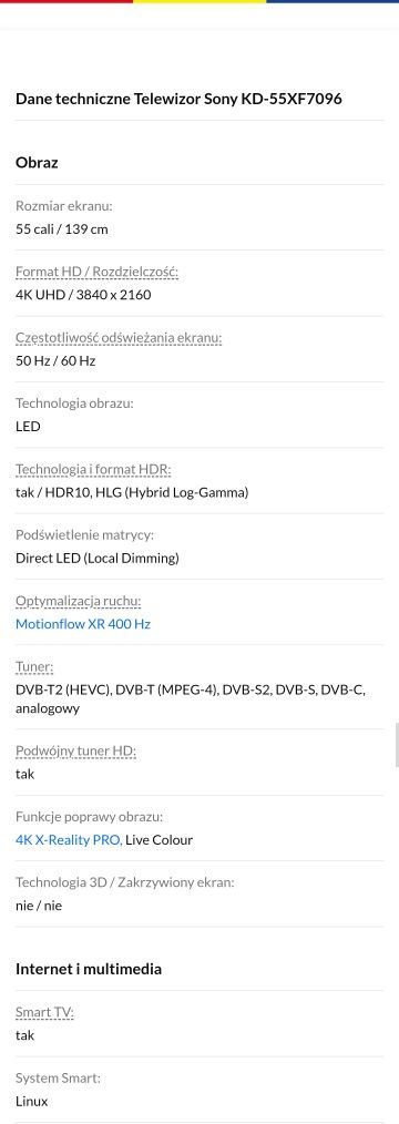 Telewizor Led Sony Bravia 55 cali, KD-55XF7096