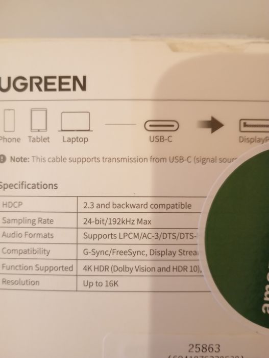 Kabel Ugreen USB-C do DisplayPort 16K, 4K/240Hz, DP 2.1 HDR