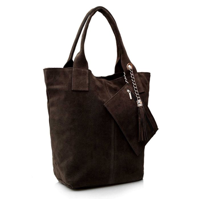 VERA PELLE torebka zamszowa worek shopper z saszetką V093 c.brązowa