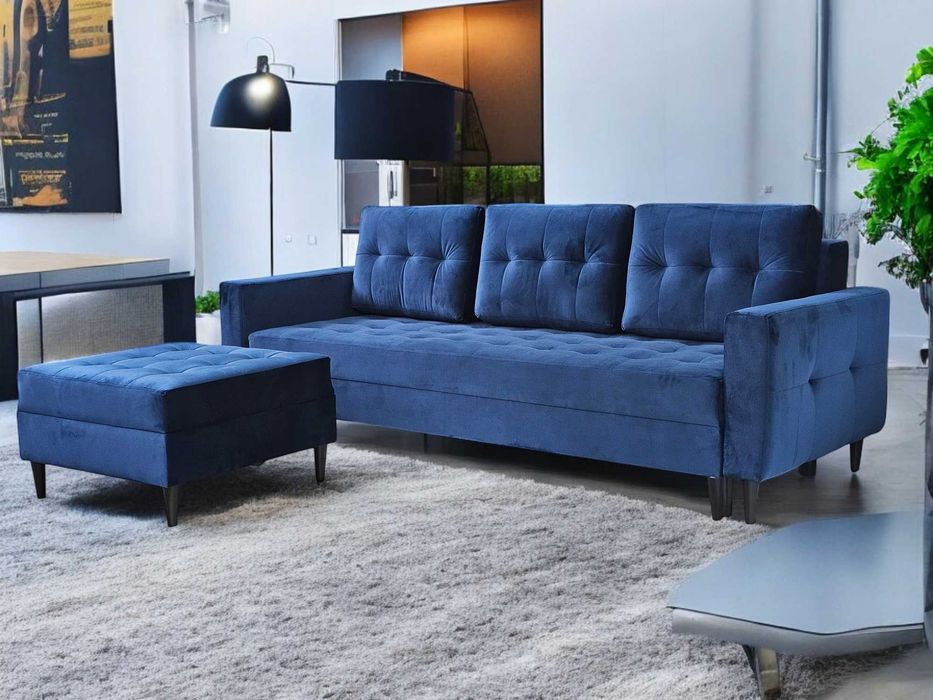 Rozkładana sofa z pojemnikiem. Kanapa PORTO. Sprężyny. Drewniane nogi