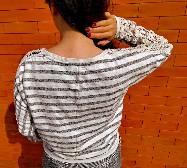 camisola sweater listada mangas compridas rendas crochet pullover top