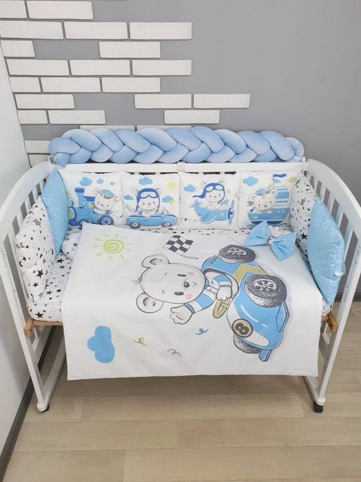 Дитячий постільний комплект у ліжечко з ведмедиками в біло-блакитному