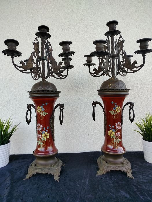 Piękne duże stare palacowe kandelabry świeczniki brąz i ceramika