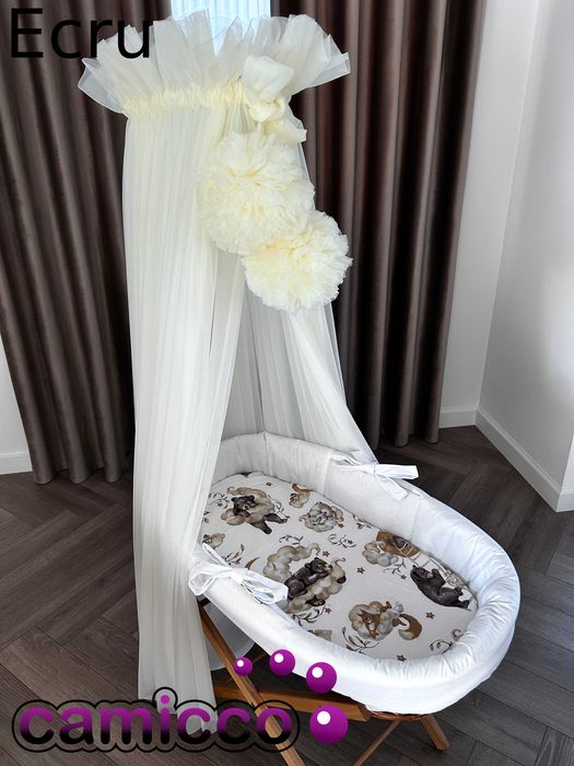 BALDACHIM do łóżeczka szyfon tiul baldachimy 8 metrowy + POMPONY