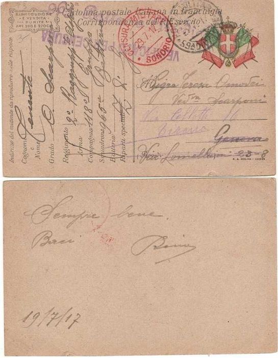 Postal militar italiano da Primeira Guerra Mundial. Várias censuras