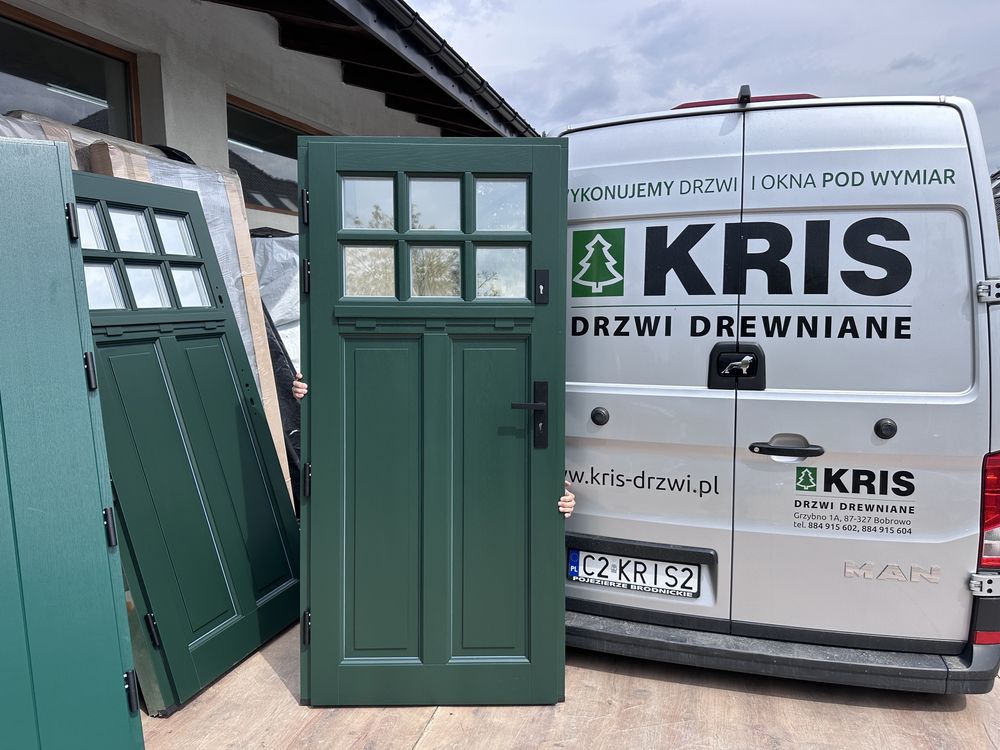 Drzwi zewnętrzne drewniane  zielone Czyste powietrze Montaż PL