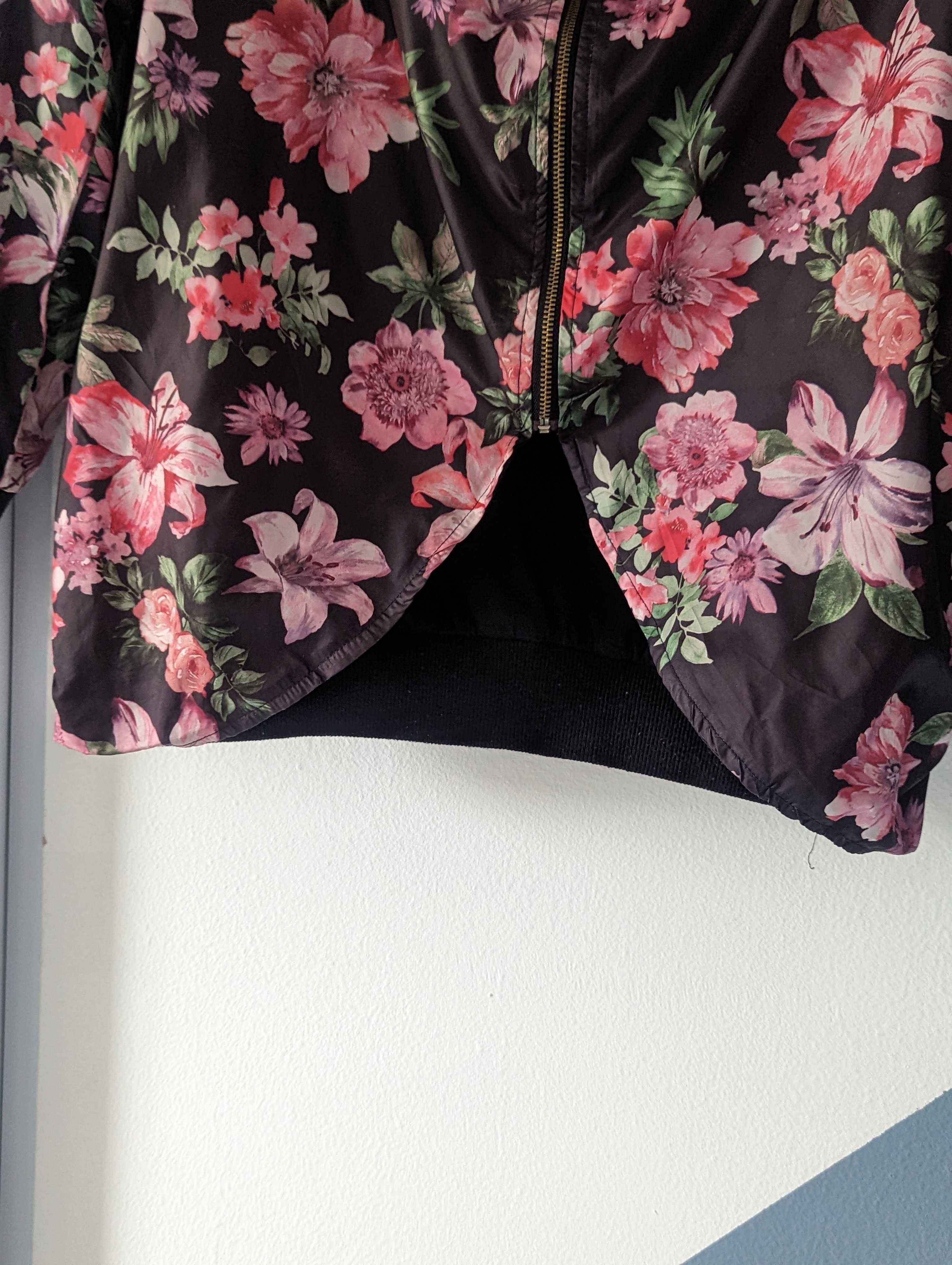 Kurtka wiosenna 36 S kwiaty flowers asymetryczna kolorowa z kapturem