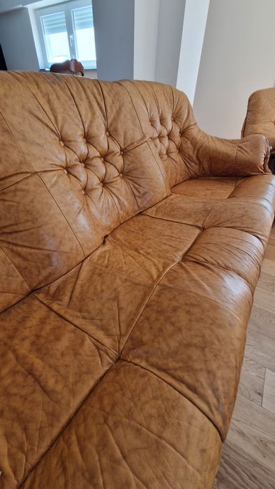 Conjunto de 3 sofás em pele e madeira