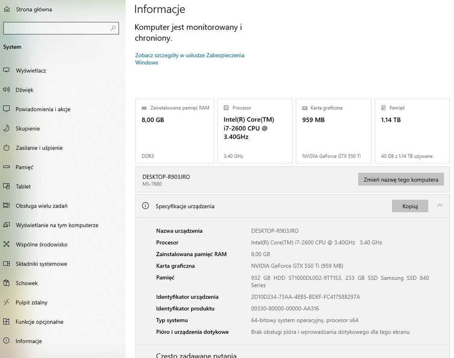PC NTT i7-2600/8GB/GTX550Ti/SSD 250GB+HDD 1TB/WIN10PRO/ Monitor LG 22"