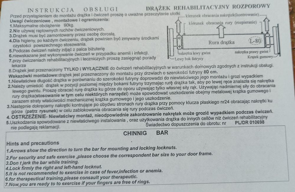 Drążek rozporowy rehabilitacyjno -gimnastyczny