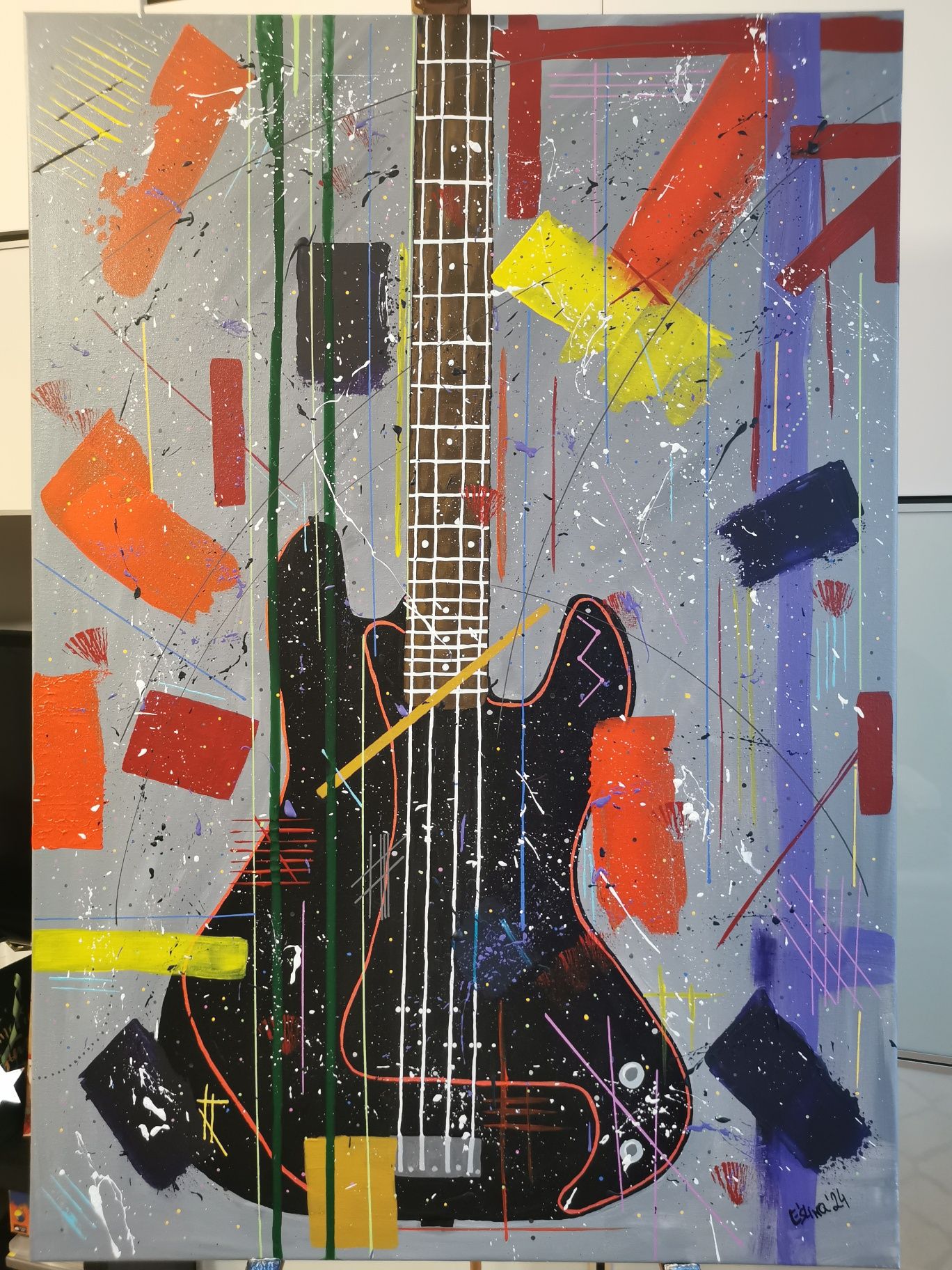 Obraz ręcznie malowany. Gitara basowa.