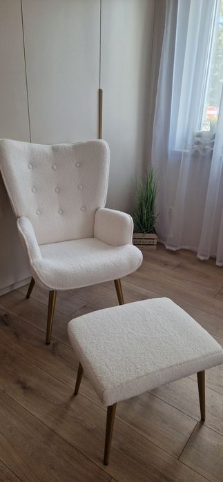 Nowy Fotel uszak zestaw wypoczynkowy Fotel + podnóżek naturalna biel