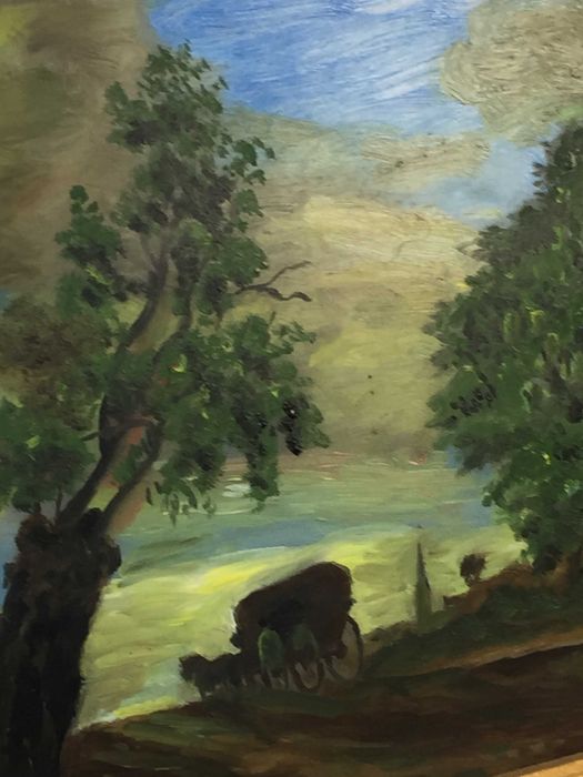 картина маслом на стекле "Дорога у дома" в рамке 33х24 редкая техника