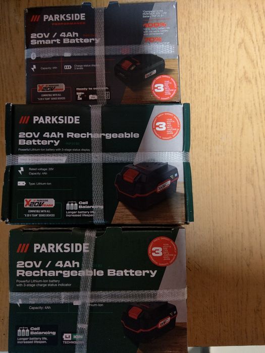 Trzy baterie parkside 4ah