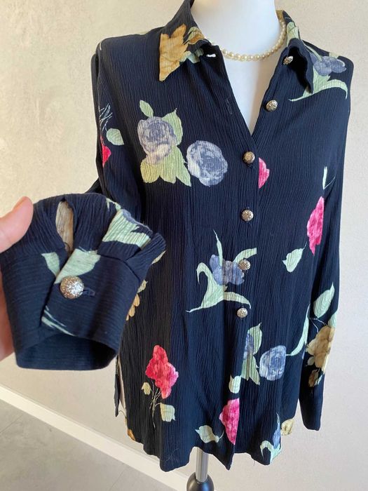 Przepiękna vintydżowa koszula damska 100% wiskoza kwiaty guziki jesień