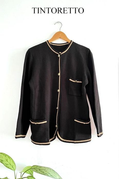 Casaco Vintage Azul Escuro Tintoretto Bordas Bege e Botões Dourados