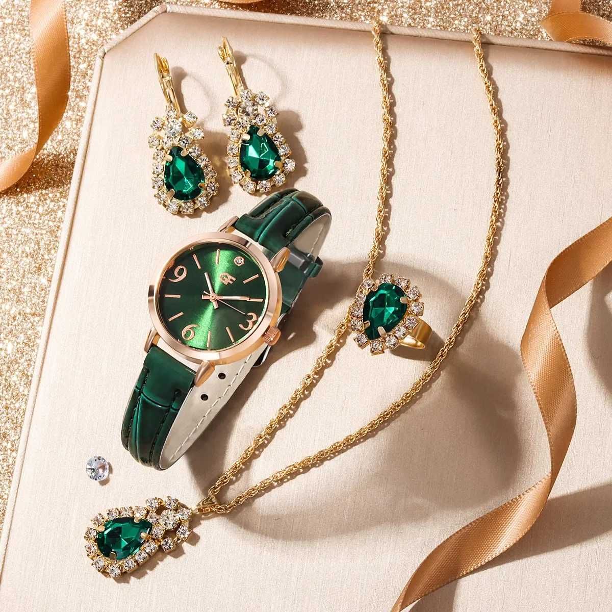 Komplet biżuterii z zegarkiem zielony
