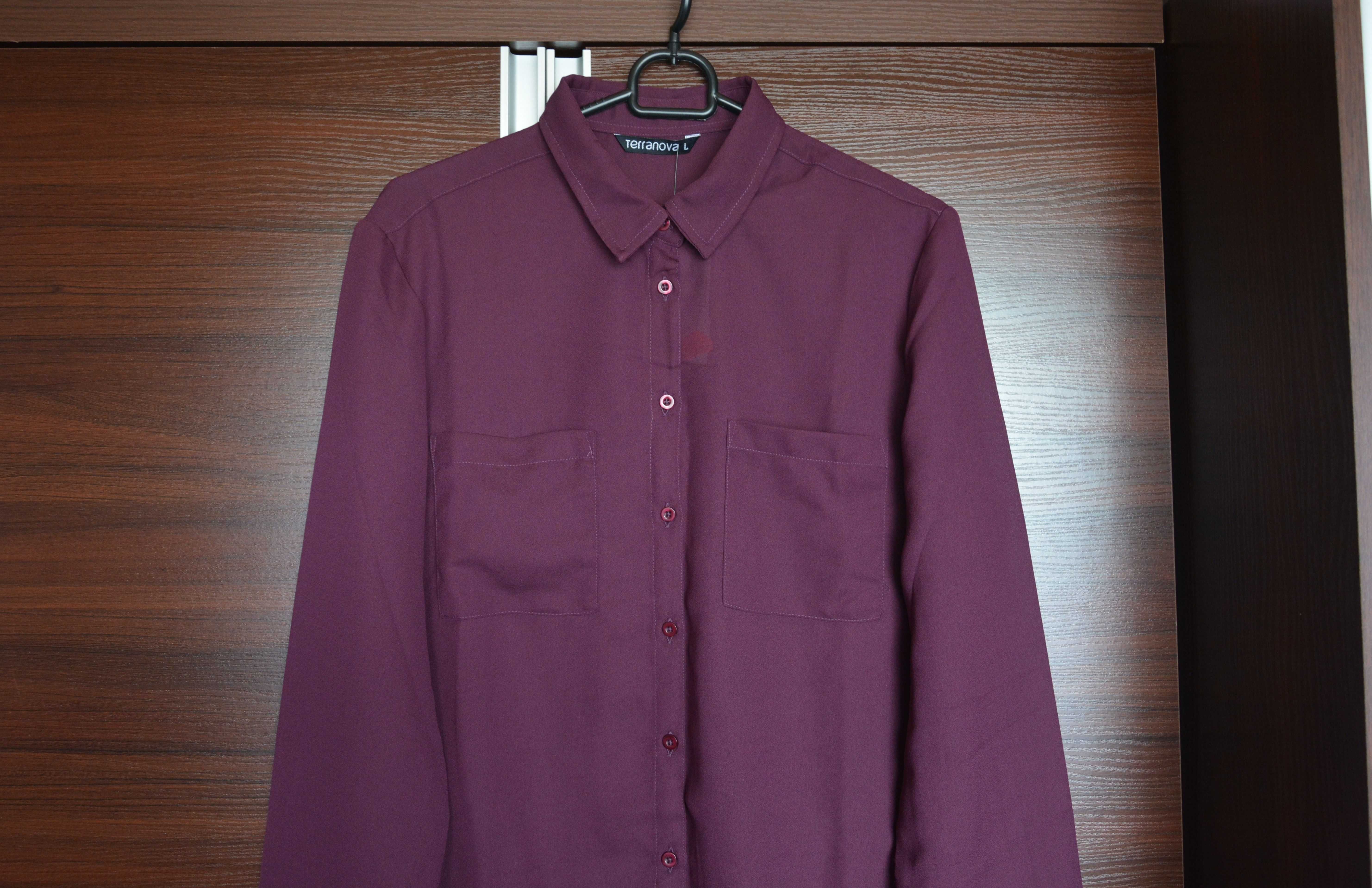 Nowa fioletowa śliwkowa koszula szyfonowa z kieszeniami Terranova