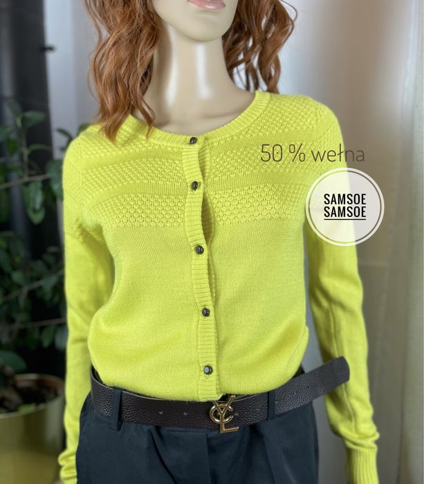 Limonkowy damskie sweter kardigan premium z wełny Samsoe Samsoe 38