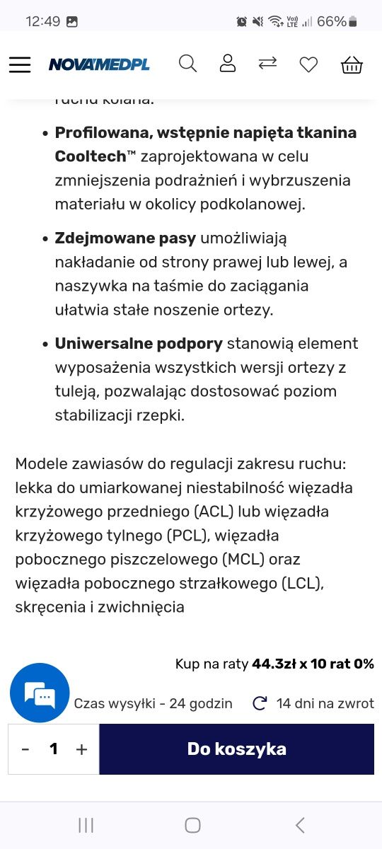 Długa orteza na kolano rozmiar XL