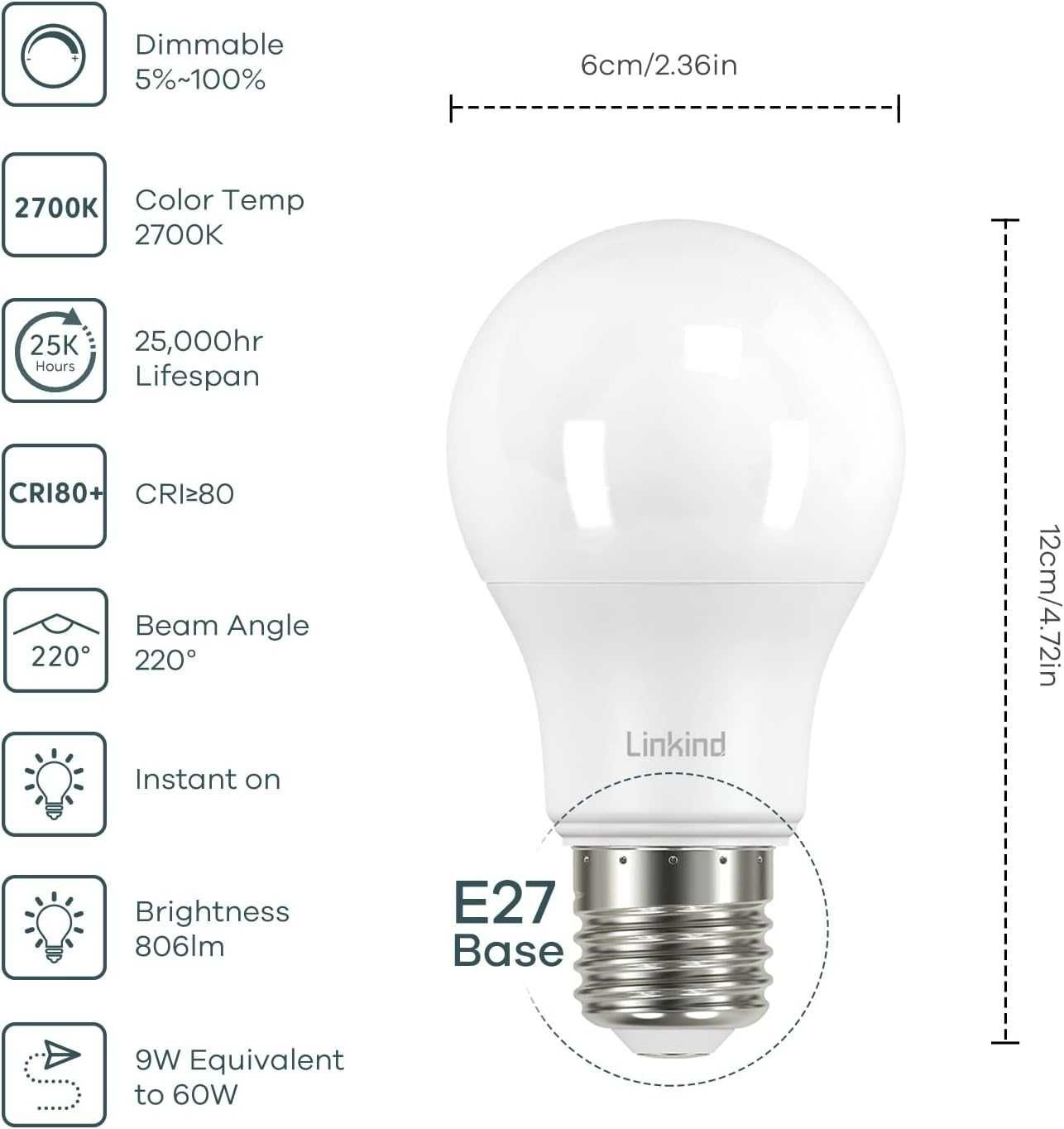 Linkind Żarówka Ściemniana lampa LED E27 9 W, zestaw 6szt żarówek