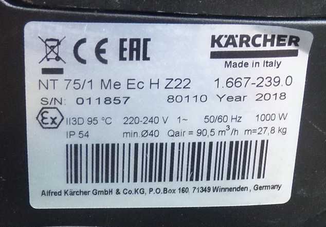 Odkurzacz Antywybuchowy Karcher NT 75/1 Me Ec H Z22