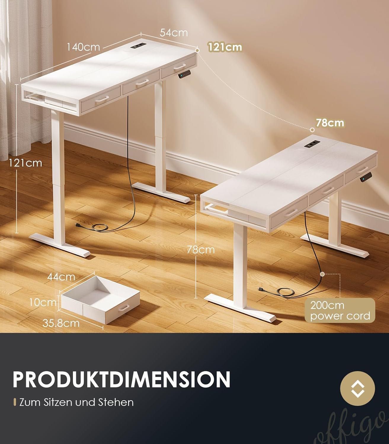 OffiGo biurko elektryczne 140 cm regulacja wysokości, 3 szuflady białe