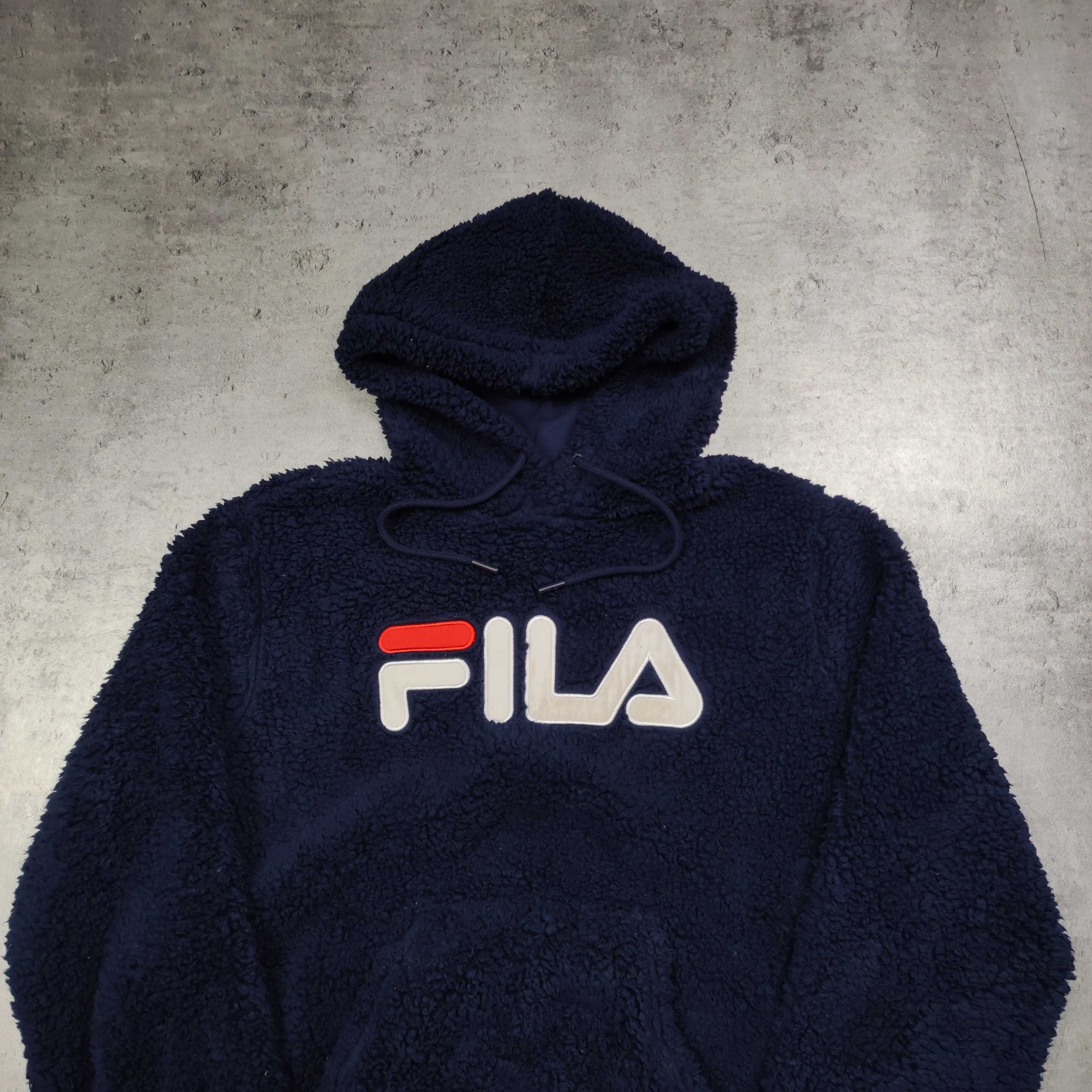 MĘSKA Bluza Granatowa Baranek Polar Sherpa Fila Haft Zimowa Ocieplona